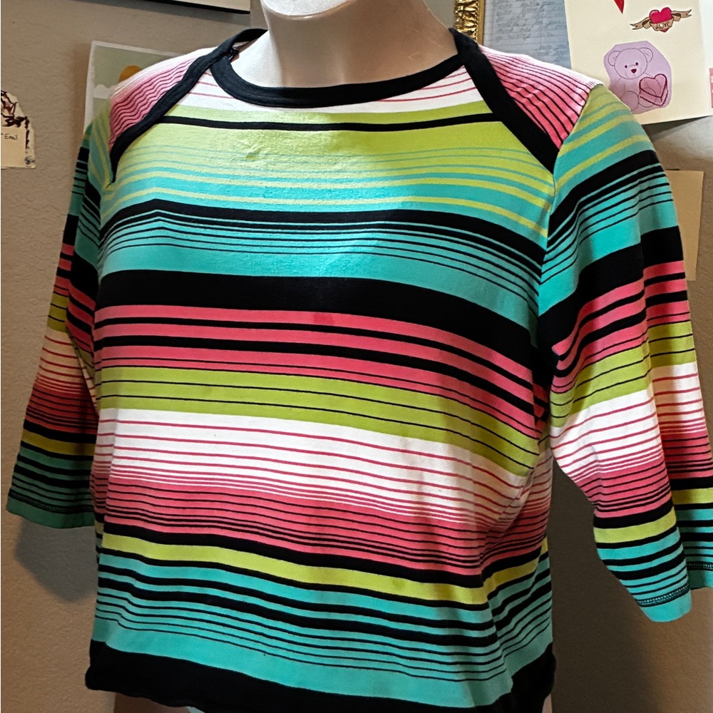 Sag Harbor Multicolor Striped Scoop Neck Top in Pink, Teal & Lime